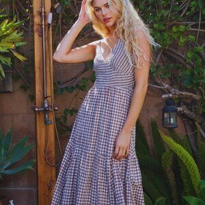 BUCKETLIST All-Over Check Gingham Print Smocked Bodice Maxi Dress